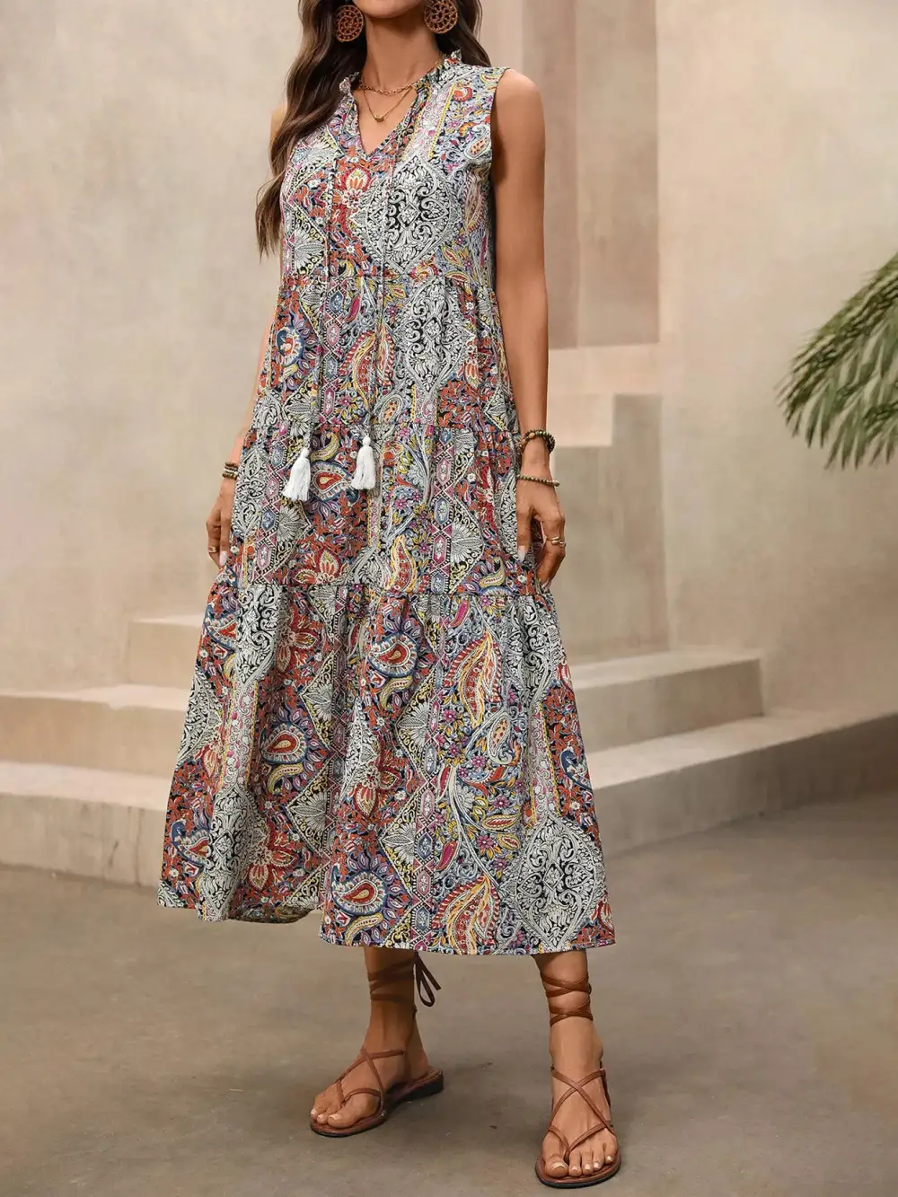 Paisley Tie Neck Sleeveless Midi Dress