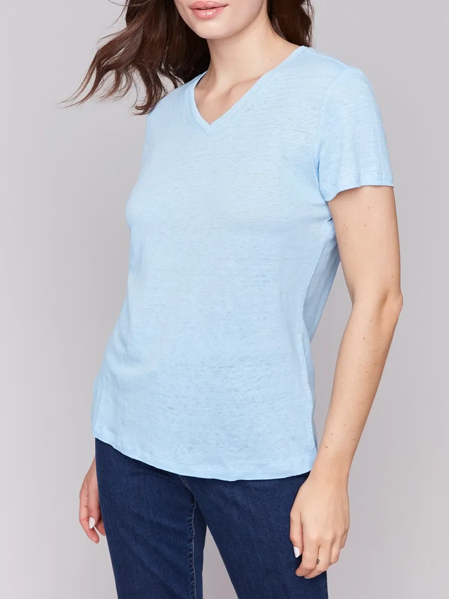 V-Neck Loose Solid Color Skin-Friendly Linen Short Sleeves