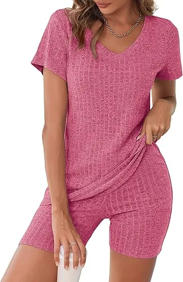 10PACK-Ribbed Pajama Short Sleeve Workout Set