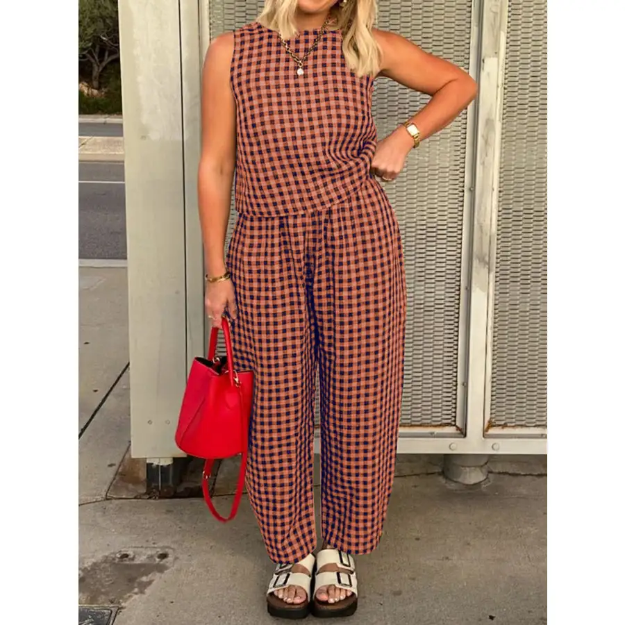 Lovelet Plaid Round Neck Sleeveless Top and Pants Set