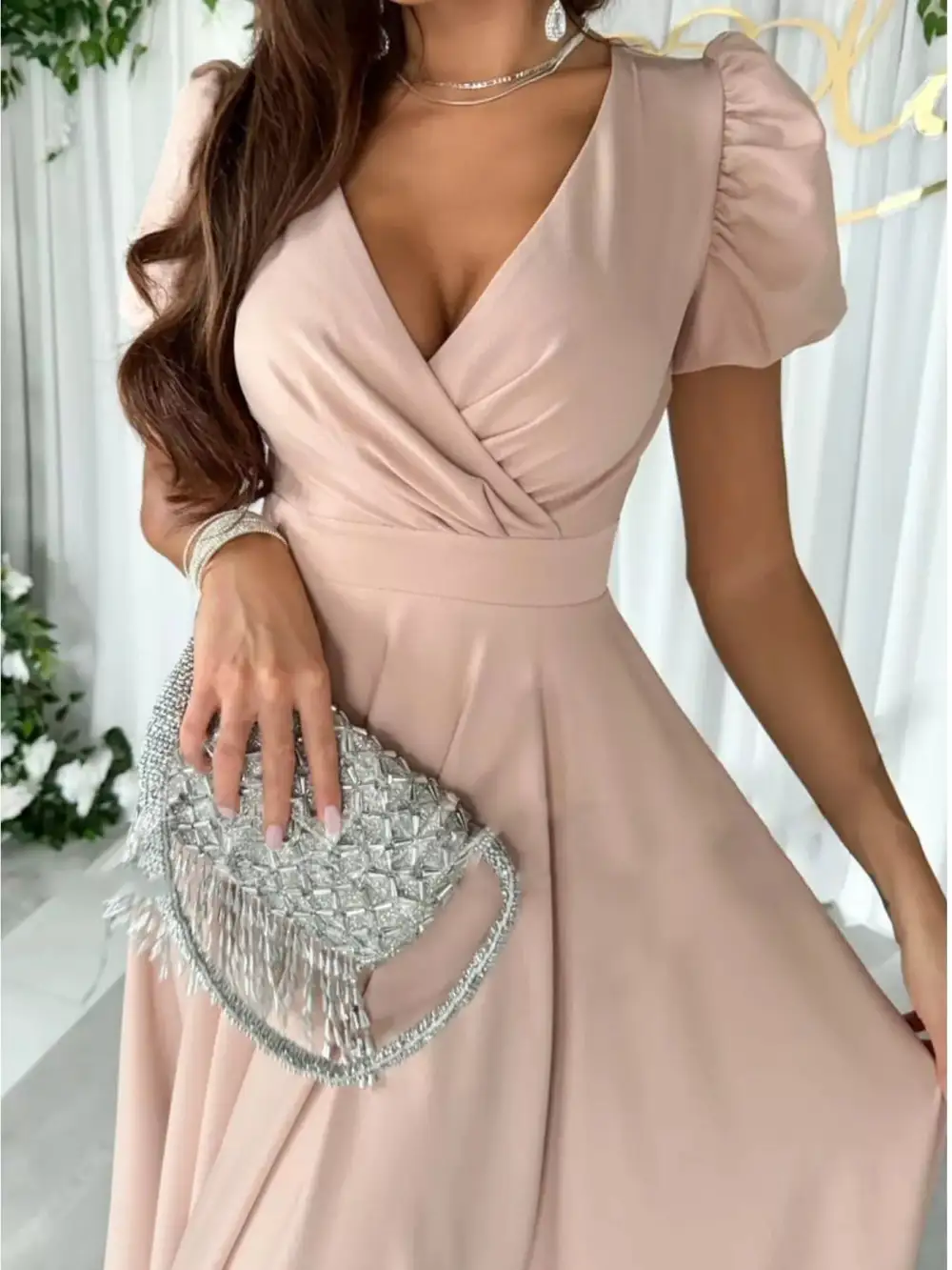 Surplice Puff Sleeve Belted Midi Dress