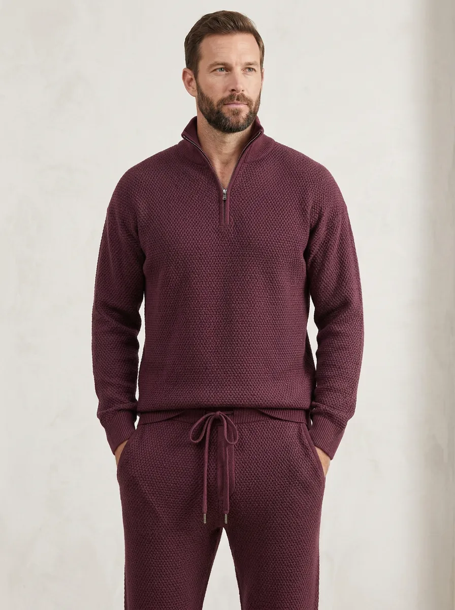 Quarter-Zip Textured-Knit Men's Quarter-Zip Knit Tracksuit Set