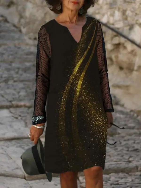 Printed V-neck Lace Splicing Dress
