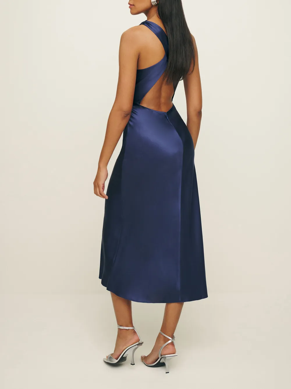 Sleeveless Satin Cowl Neck Midi Dress
