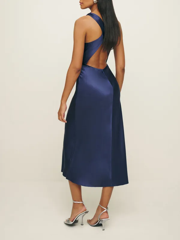 Sleeveless Satin Cowl Neck Midi Dress