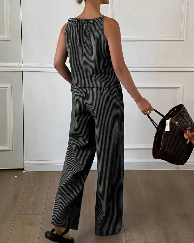 Minimalist Striped Drawstring Halter Top and Wide Leg Pants Set
