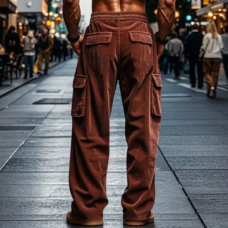 Men's Loose Corduroy Cargo Pants Waistband Pockets