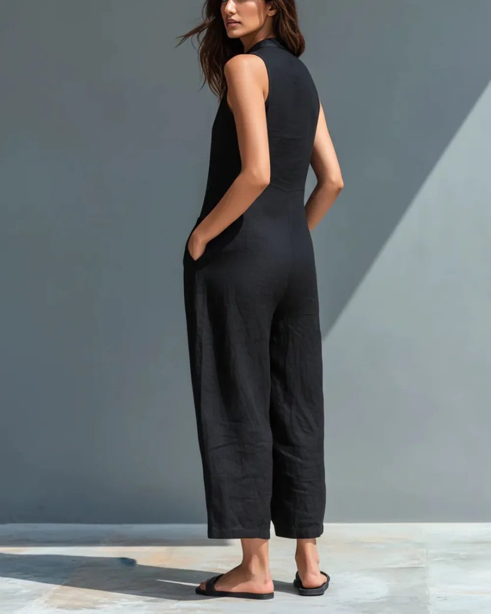 Vintage Sleeveless Stand-Collar Wide-Leg Jumpsuit