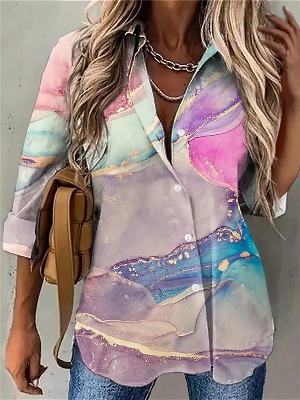 Women 3/4 Sleeve Shirt Collar Floral Printed Animal Print Button Top Shirts