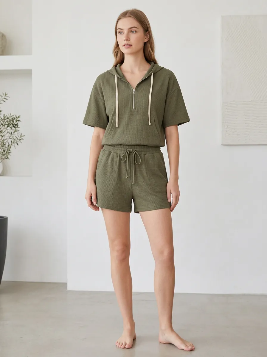 Women's Olive Waffle Knit Half-Zip Hoodie Shorts Set