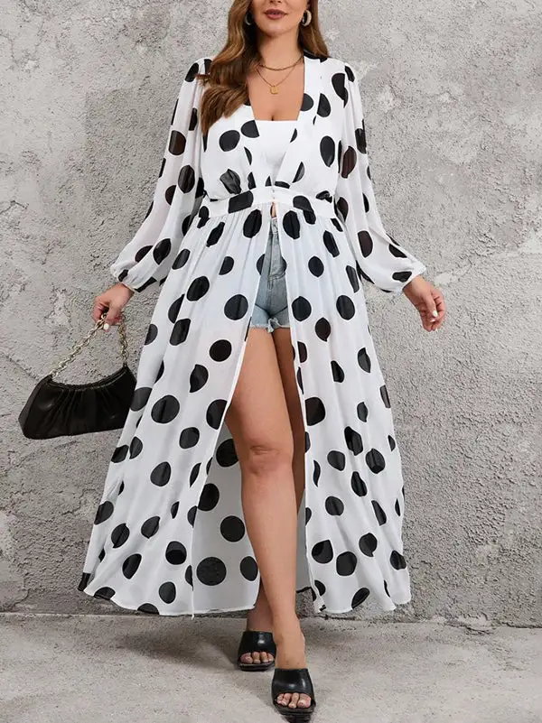 Pleated Polka Dot Long Neck Maxi Dress