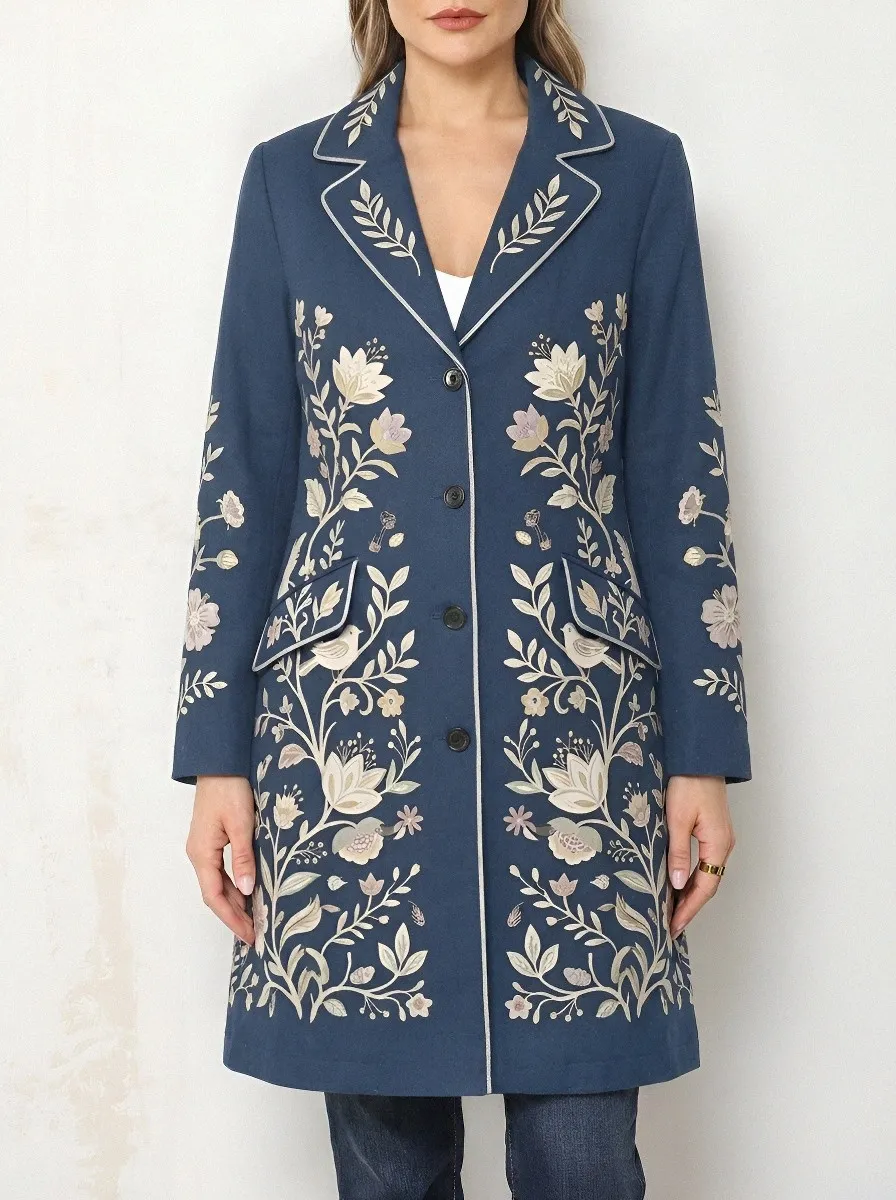 Women's Floral Bird Botanical Embroidered Printed Coat