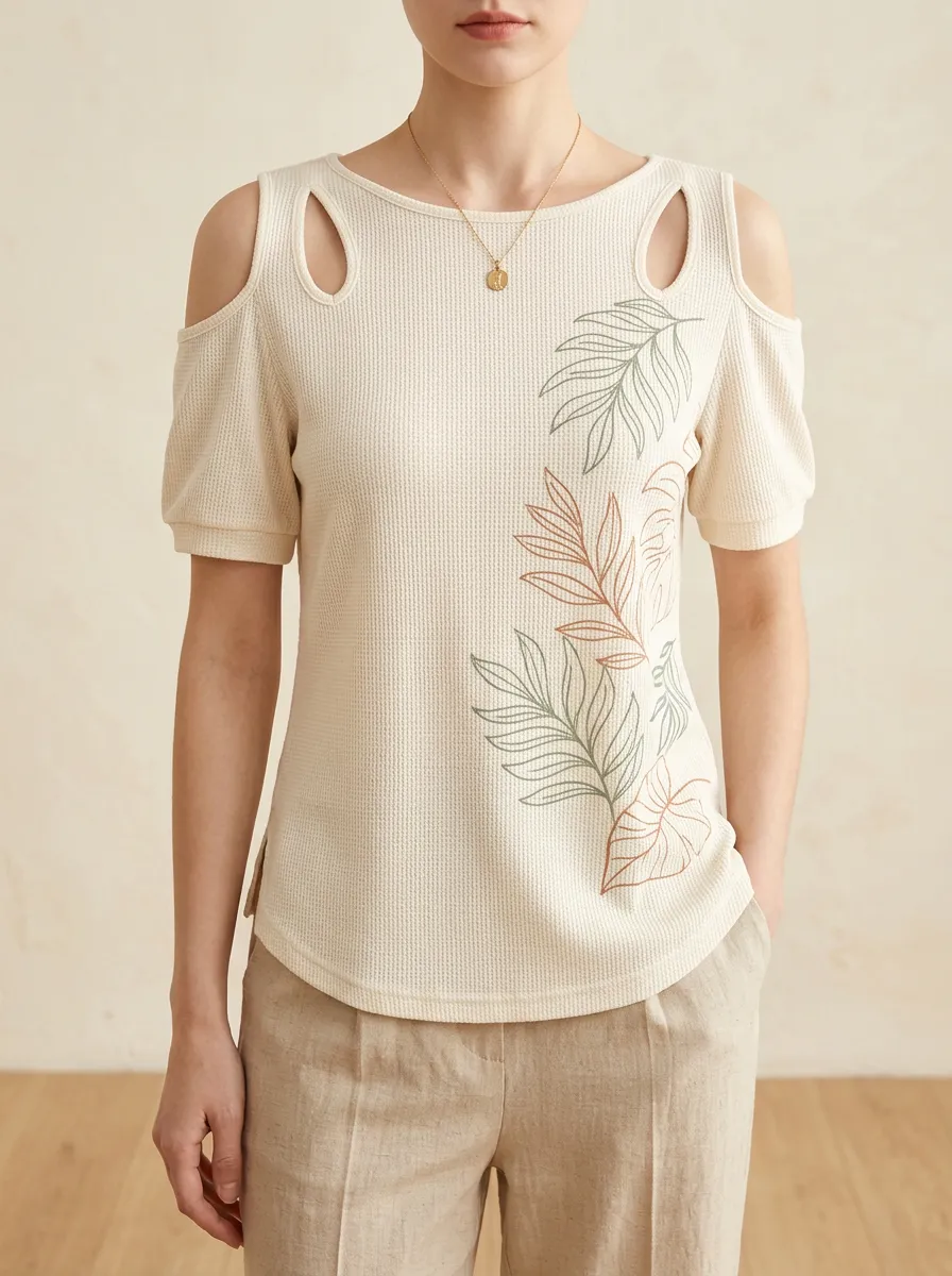 Women's Botanical Nature Lover Tropical Leaf Printed Cold Shoulder Top