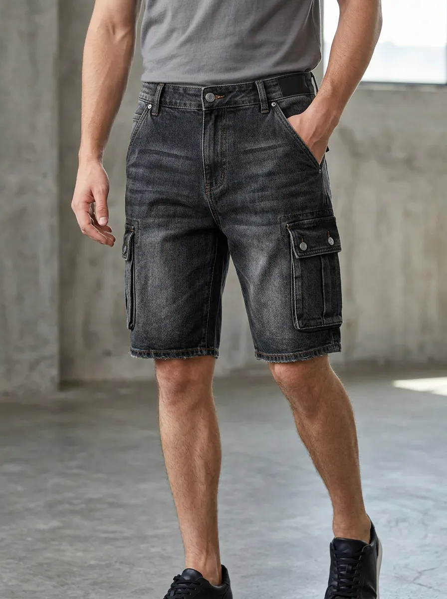 Men's Cargo Denim Shorts Featuring Button Flap