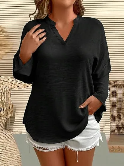 Women's Plain Notched Neck Drop Shoulder Blouse