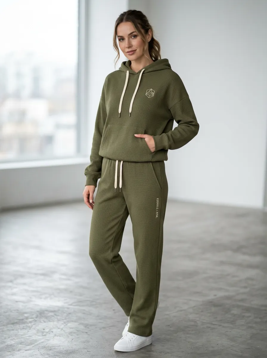 Women's Olive Waffle Knit Geometric Logo Printed Hoodie Jogger Set