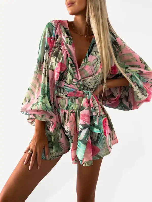 Woven Floral Long Sleeved V Neck Shorts