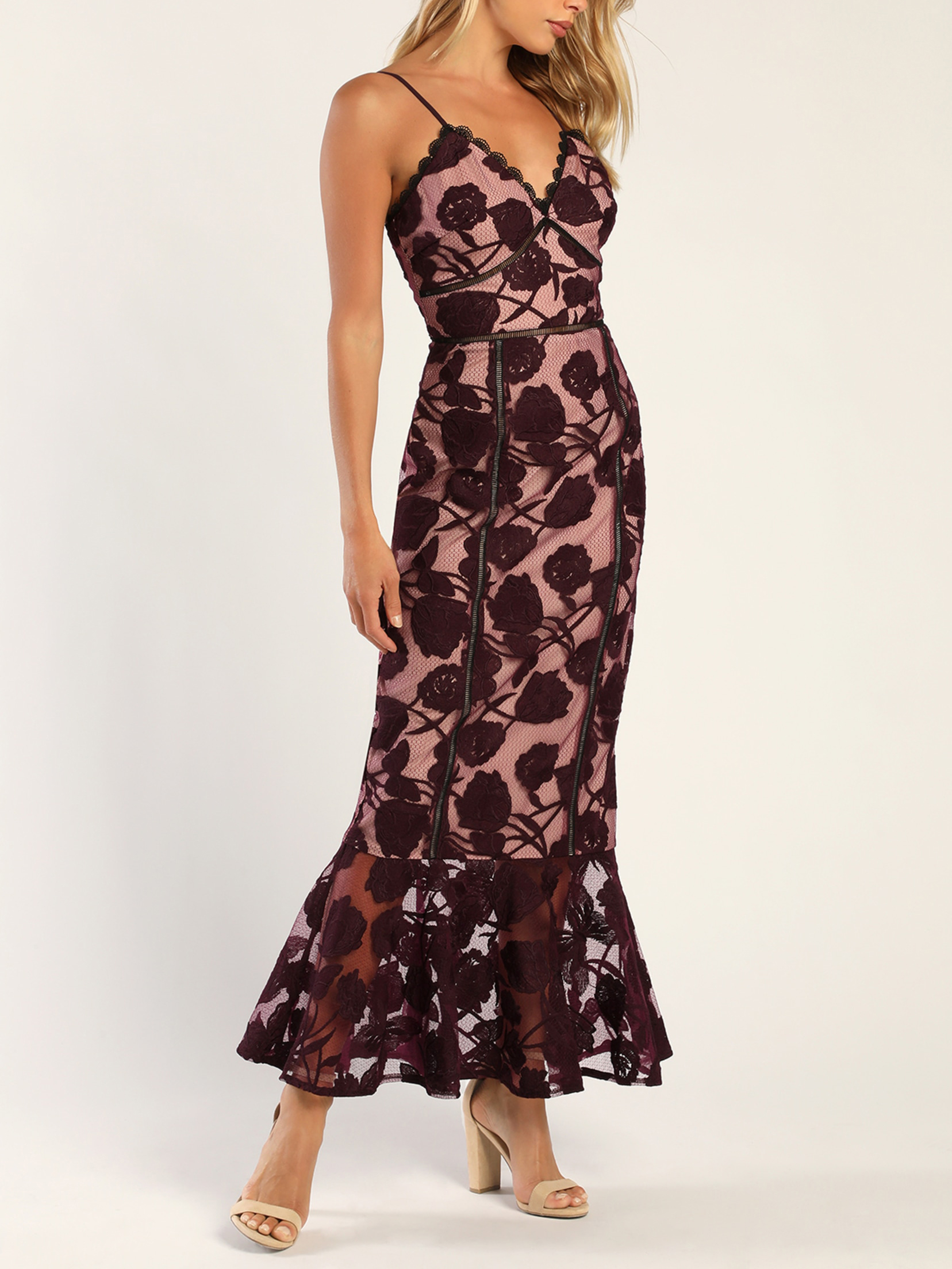 Navy Blue Floral Mesh Lace Trumpet Midi Dress