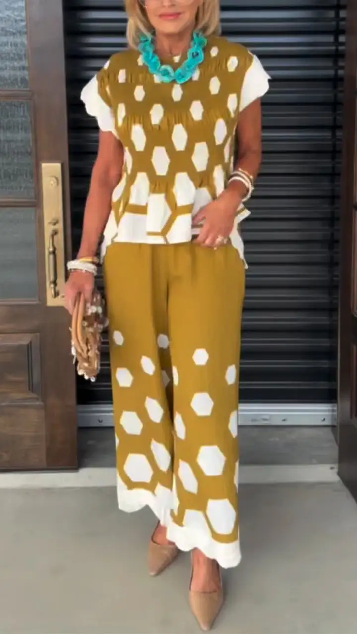 women round-neck print casual set