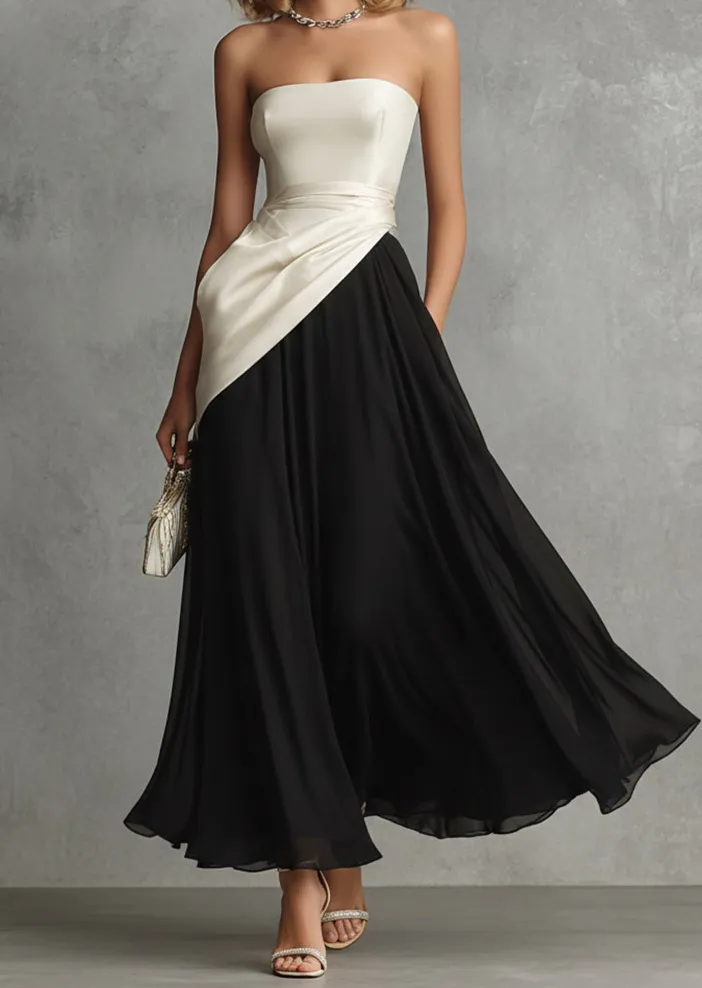 Block Strapless Satin Maxi Gown