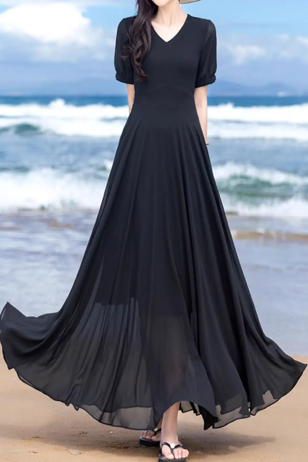Refined Chiffon Fit And Flare V Neck Short Sleeve Maxi Dress