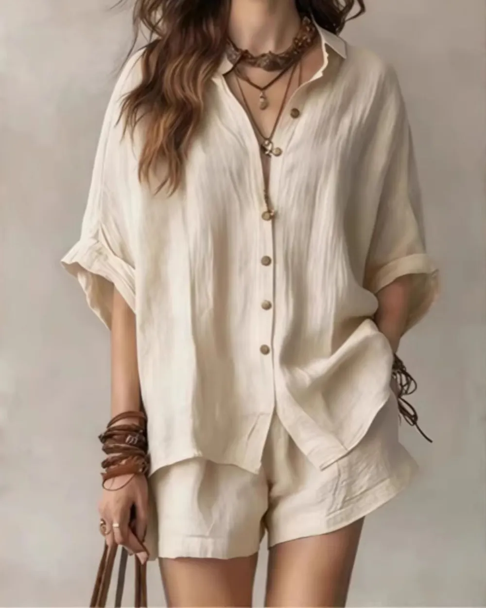 Button-Up Shirt and Wide-Leg Shorts Set