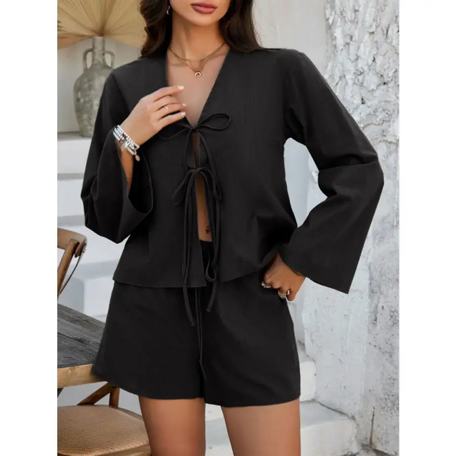 Double Tied V Neck Top and Shorts Set