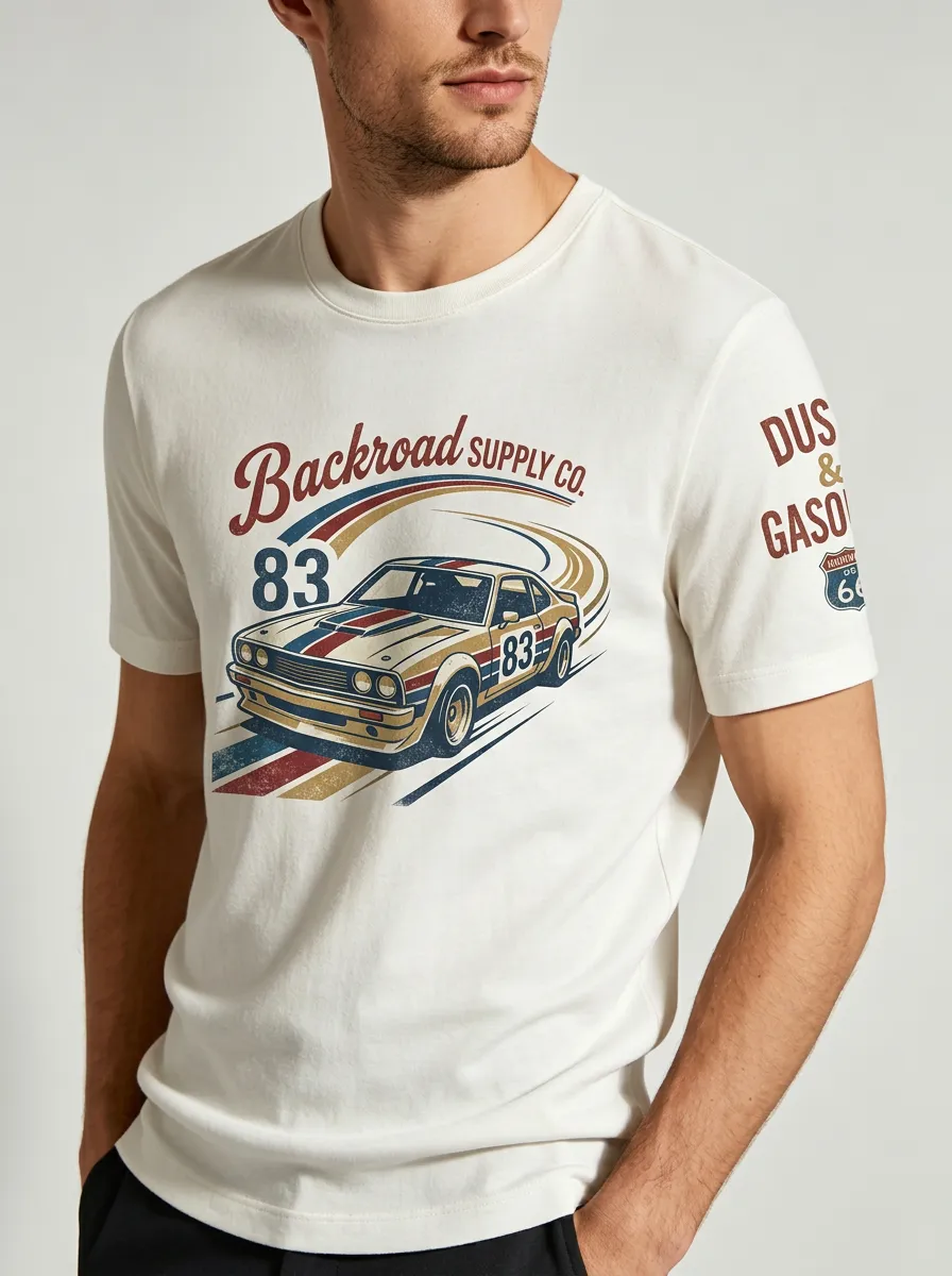 Men's Vintage Car Racing 83 Backroad Supply Printed T-shirt