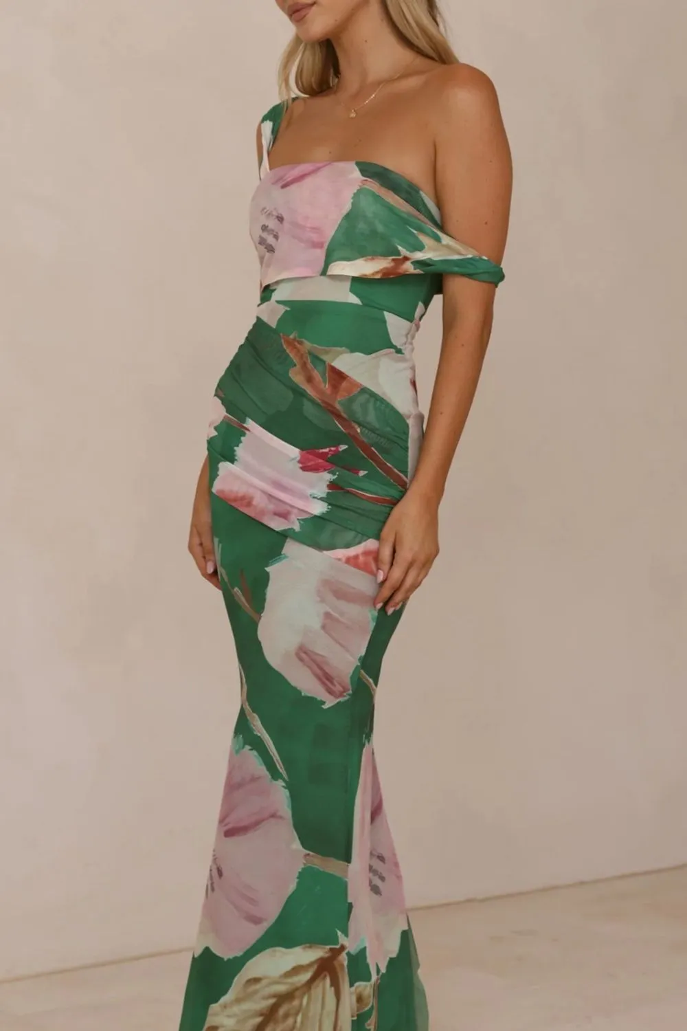 Clean Line Floral Printed Ruched Maxi Dress