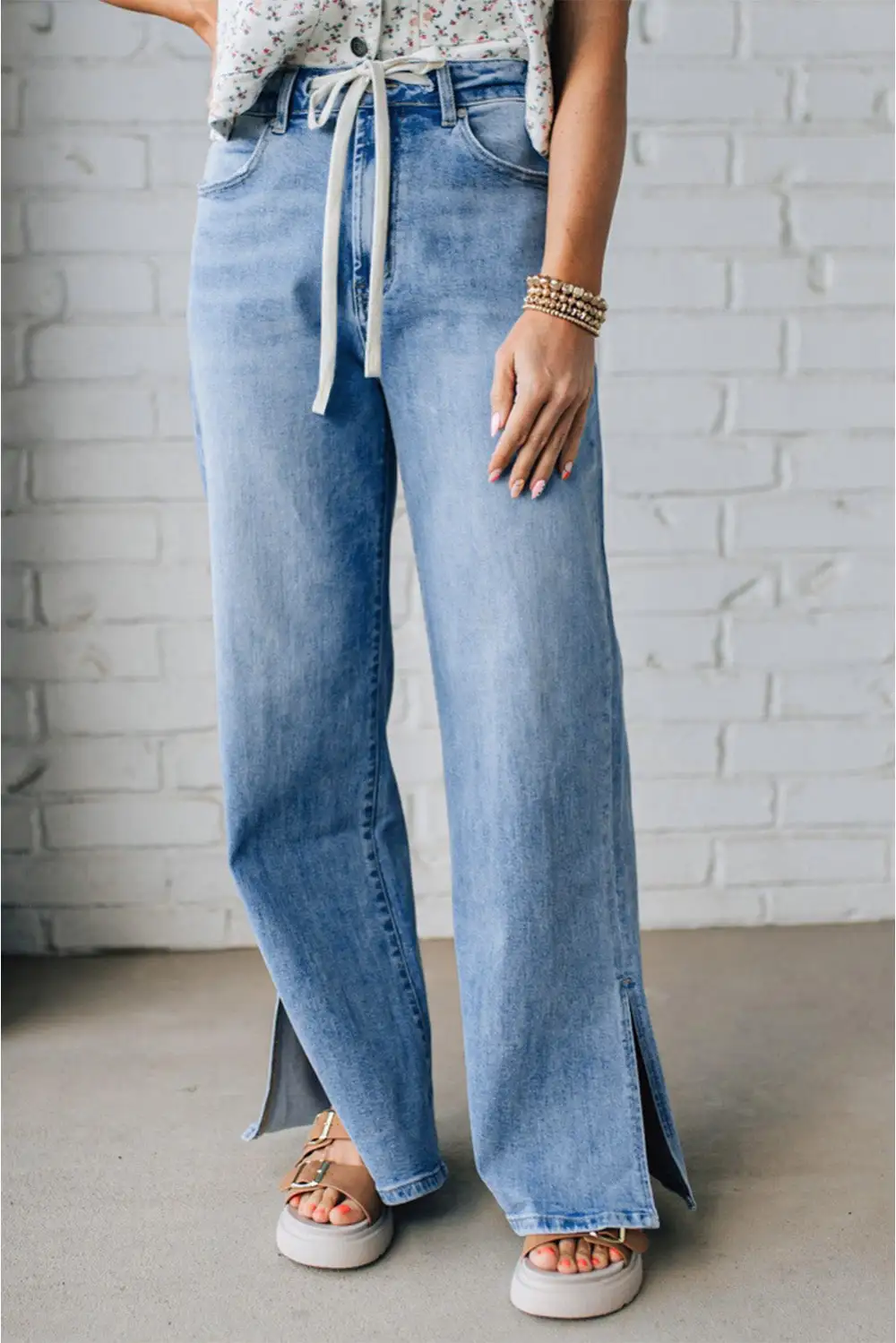 Slit Leg High Rise Drawstring Casual Jeans