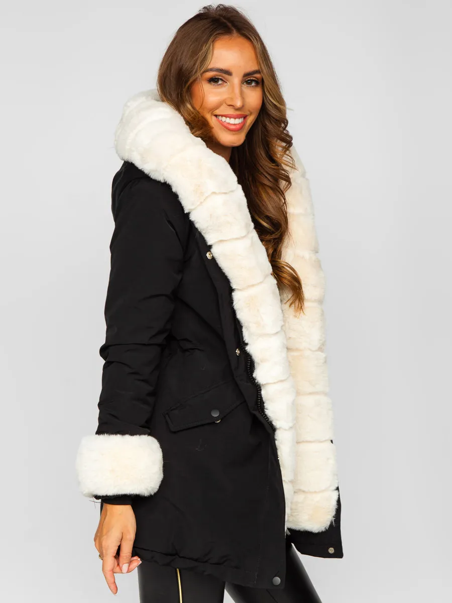 Black women's winter parka jacket with hood