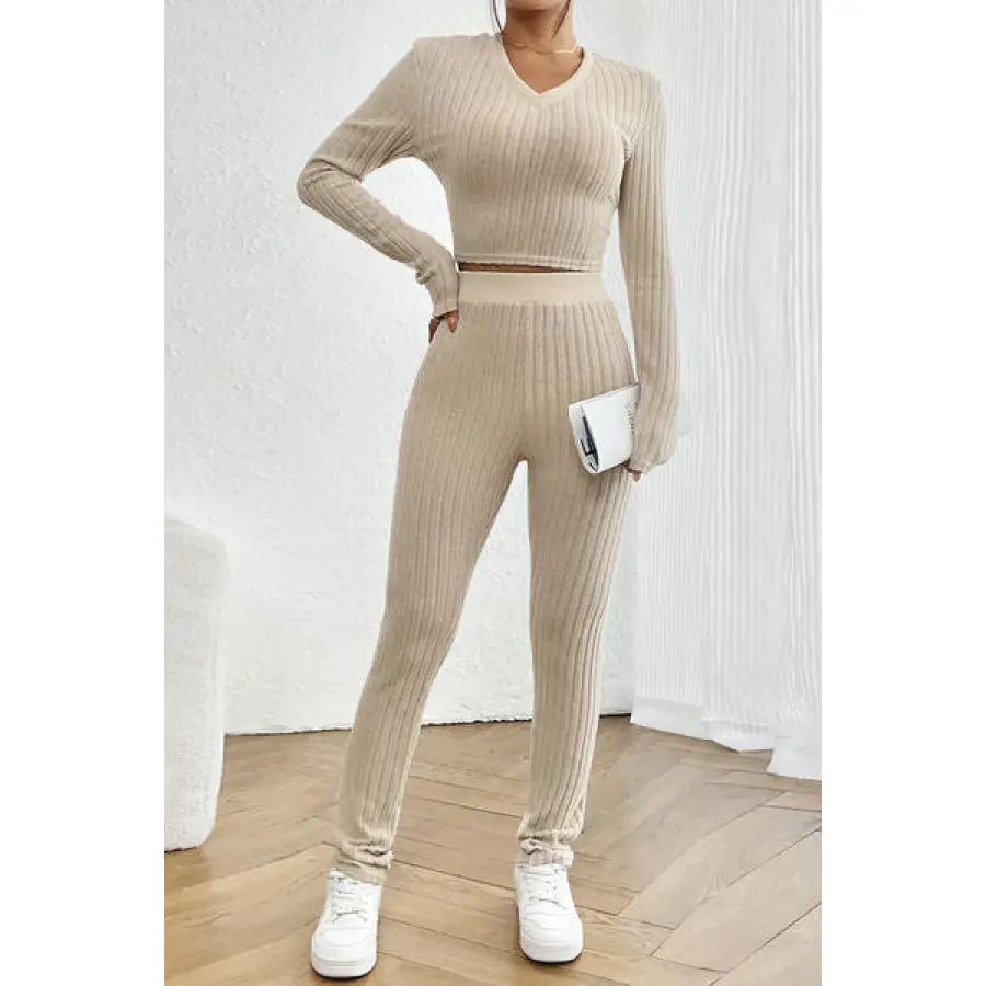 Ribbed V Neck Long Sleeve Cropped Top and Pants Set