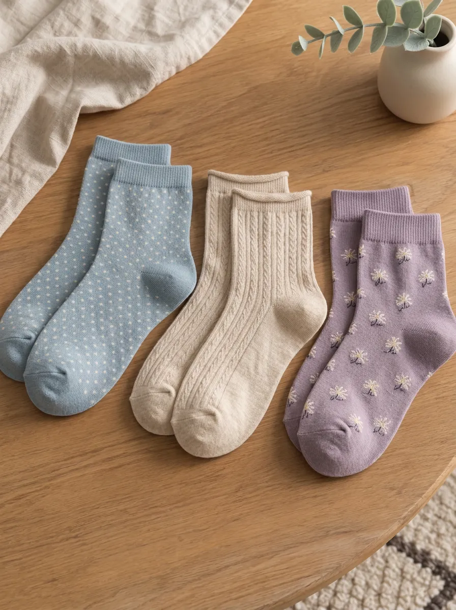 Women's Assorted Floral Polka Dot Cable Knit Ribbed Printed 3-Pack Crew Sock Set