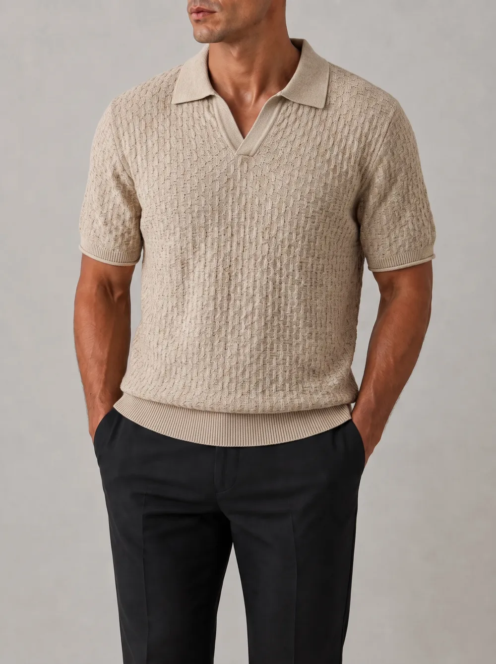 Men's Vertical Textured Knit V Neck Polo Shirt
