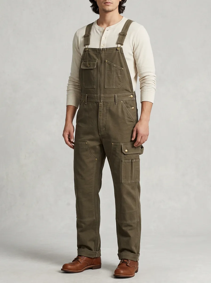 Men's Vintage Workwear Olive Green Canvas Bib Overalls