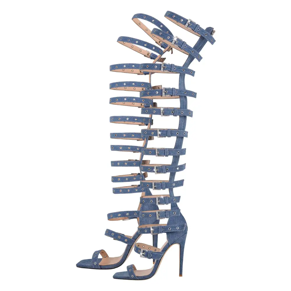 Denim Hollow Buckle Strap Thigh Stiletto Bootie Sandals