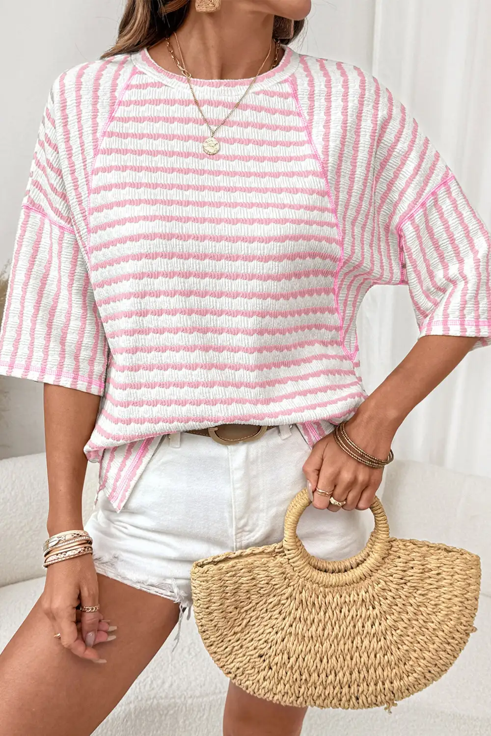 Striped Knit Half Sleeve Top