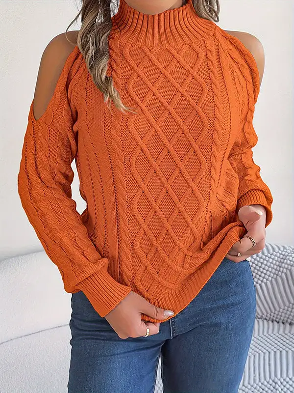 Openwork Cold Shoulder Long Sleeve Relaxed Fit Pullover Sweater