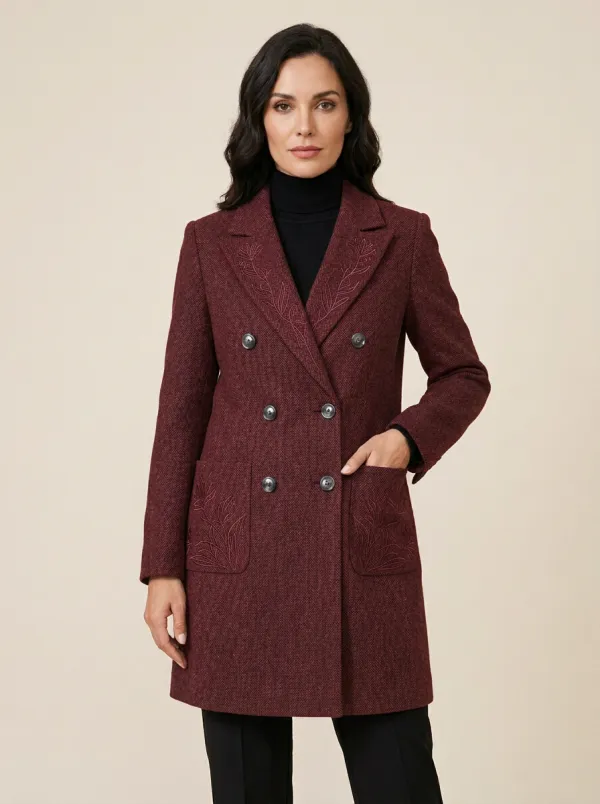 Women's Floral Embroidery Grey Double-Breasted Wool Coat