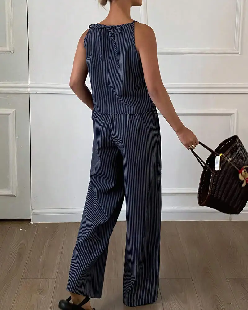 Minimalist Striped Drawstring Halter Top and Wide Leg Pants Set