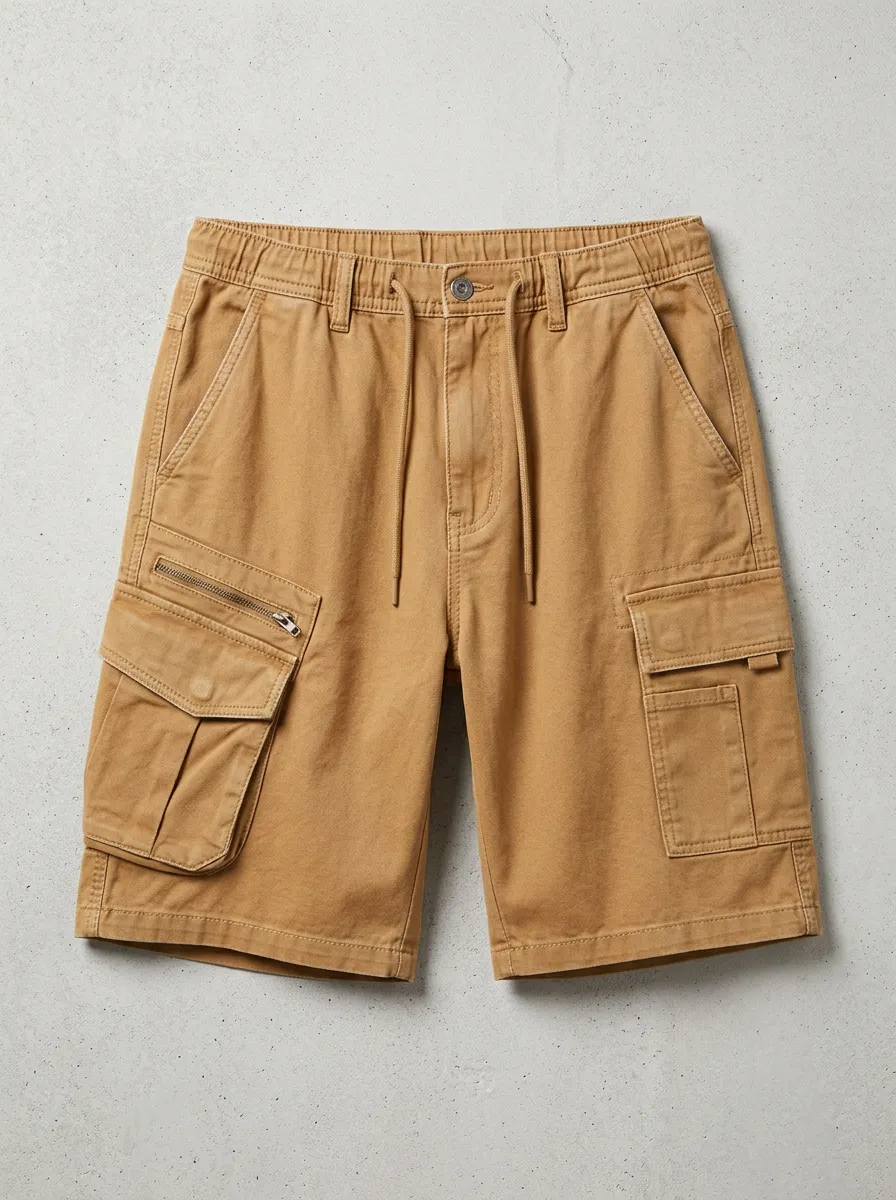 Men's Khaki Multi-Pocket Elastic Waist Cargo Shorts