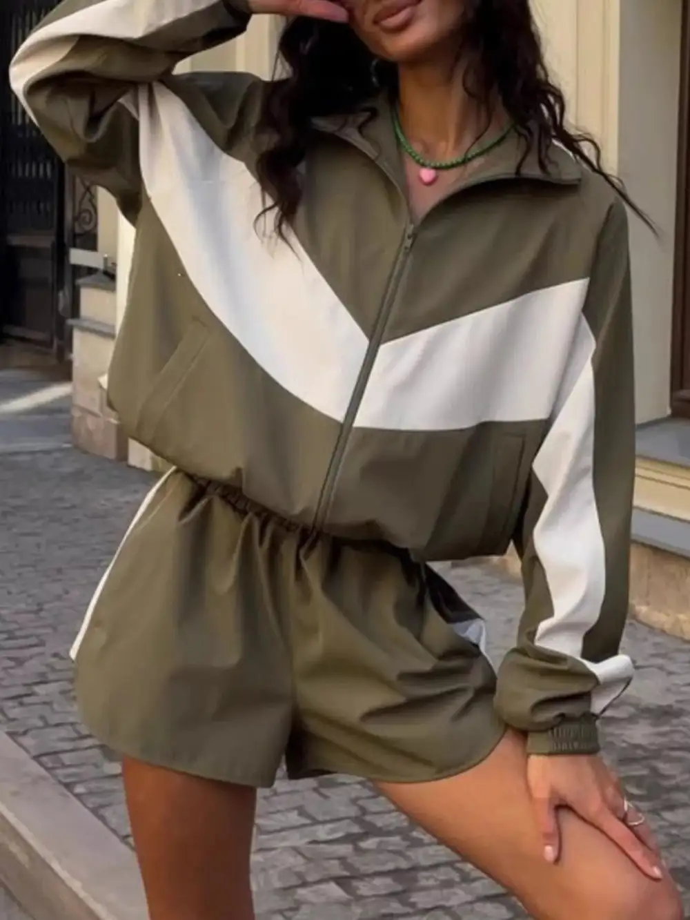 Zip-Detail Pocketed Colorblock Top and Shorts Matching Set
