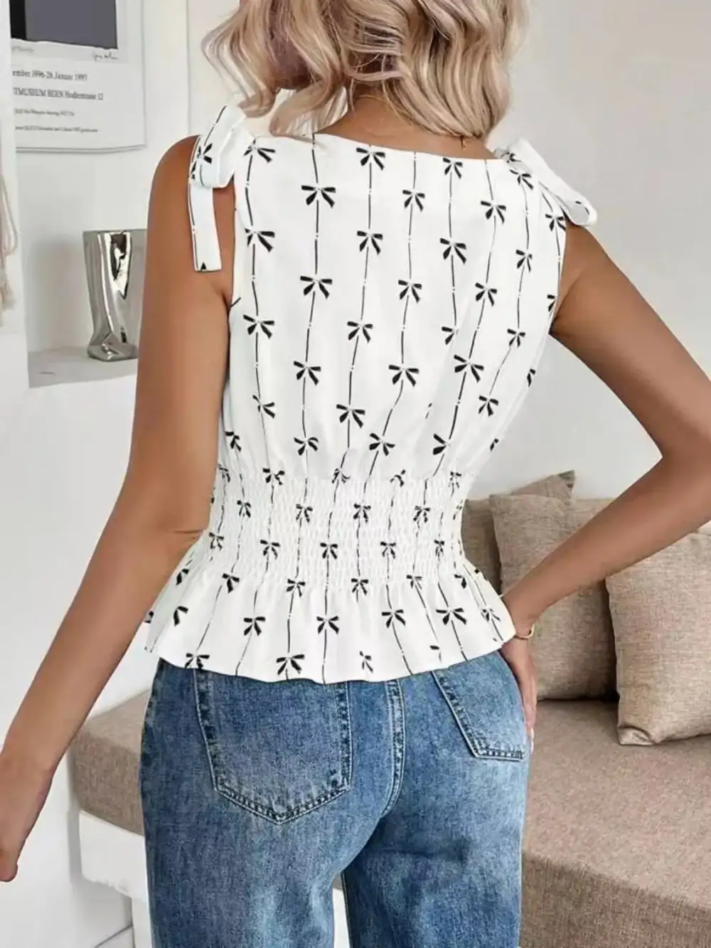 Bow Print Tie Shoulder Tank