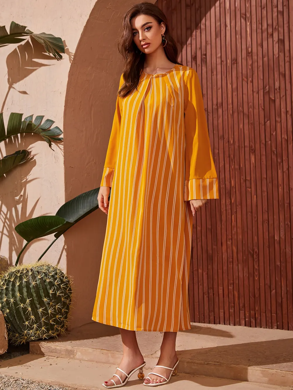 EMERY ROSE Vertical Striped Plicated Detail Tunic Dress