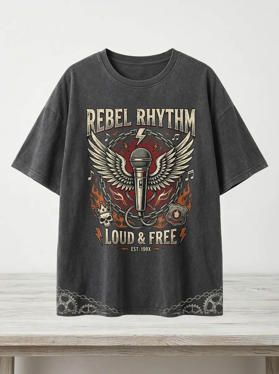 Unisex Rock Music Lover Winged Microphone Skull Printed T-shirt