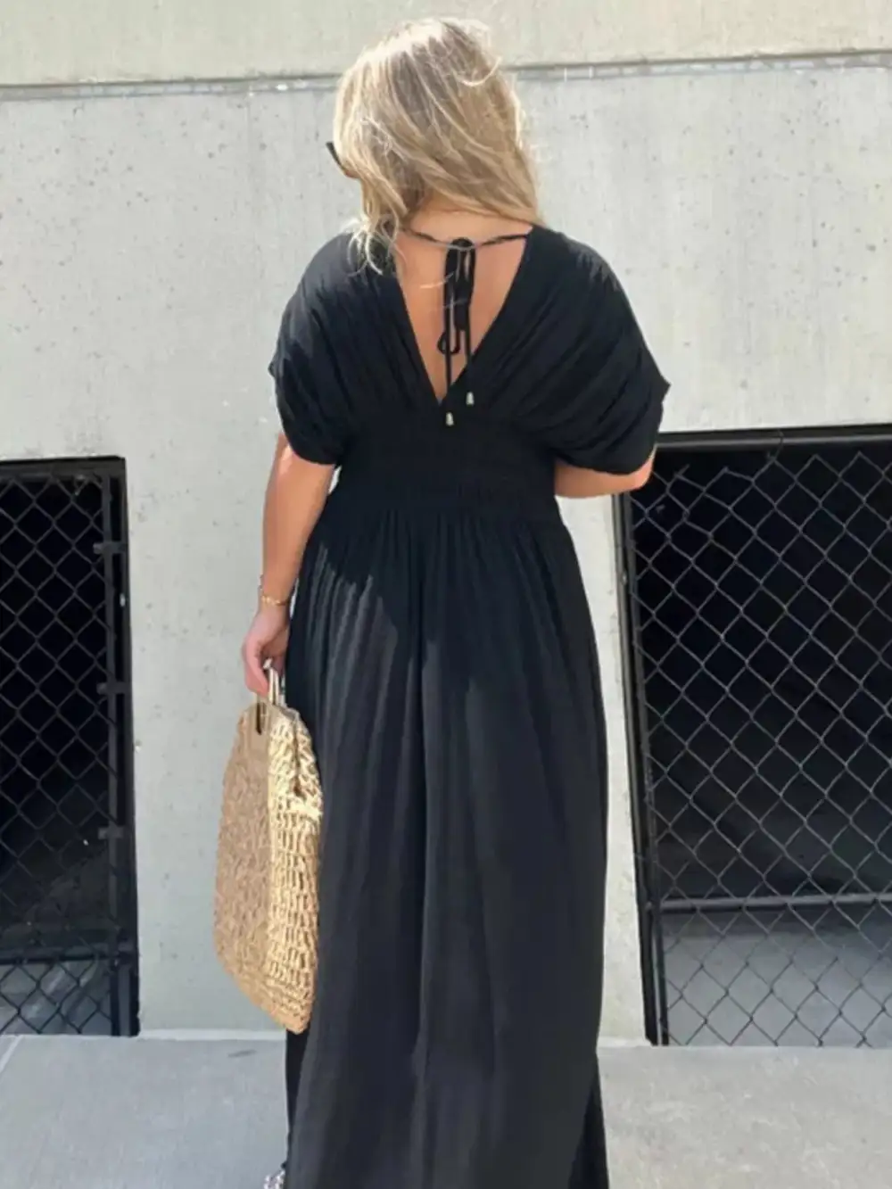 V Neck Smocked Slit Maxi Dress