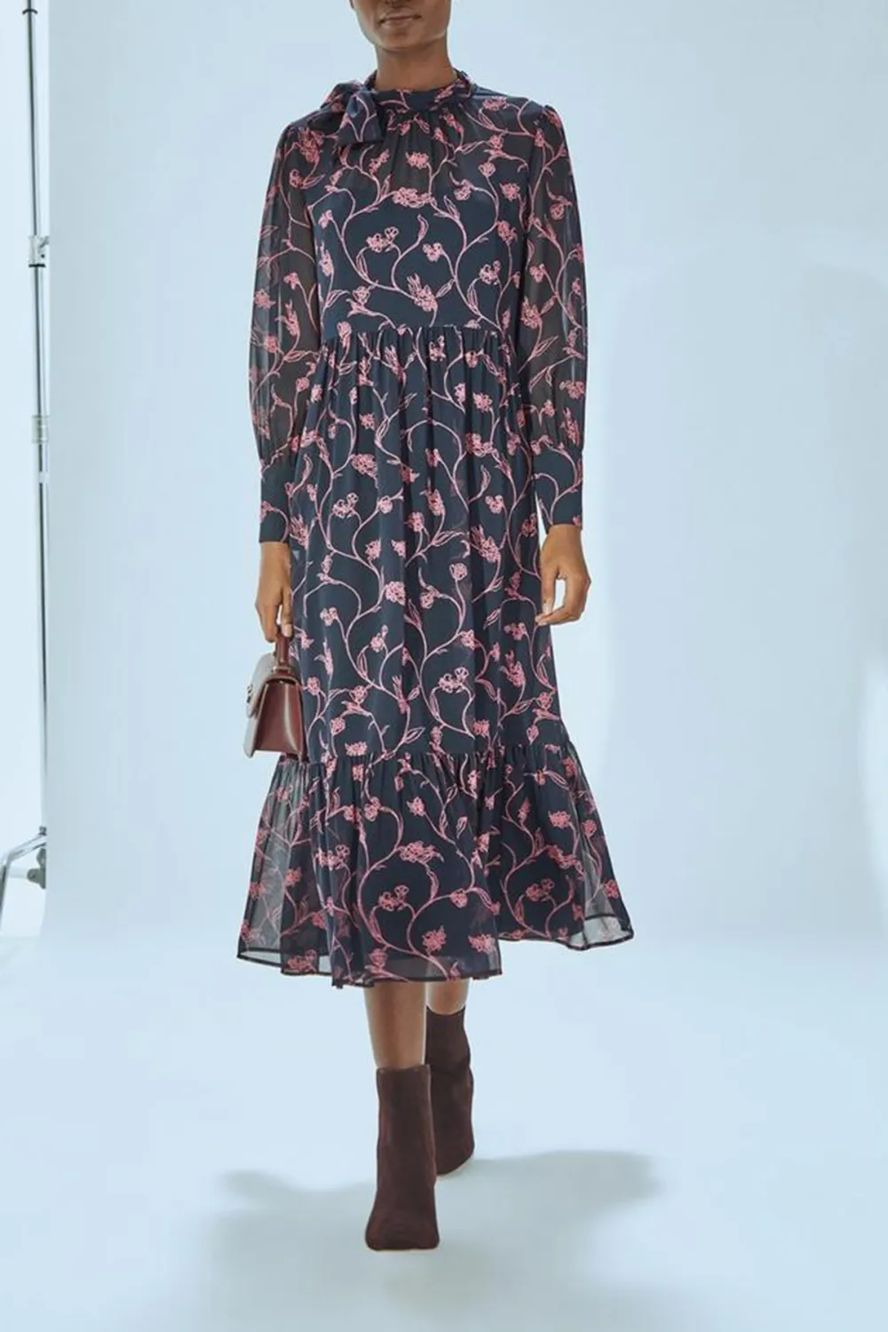 Navy Blue Floral Print Long Sleeve Midi Dress