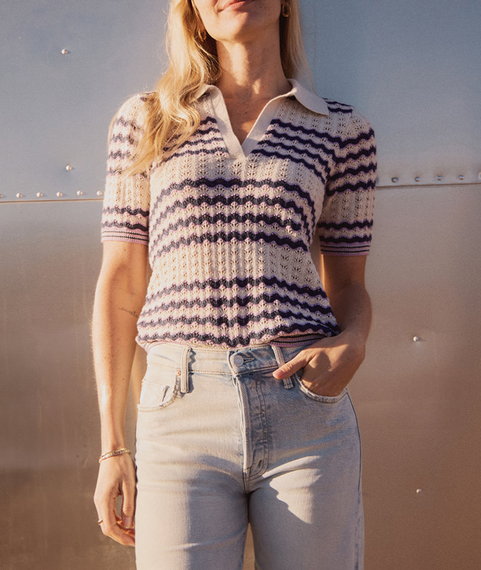 Striped Short Sleeve Polo Sweater