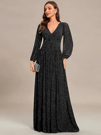【EVER PRETTY 】curvy dress,Glittery Empire Waist A-Line Dress with Long Lantern Sleeves