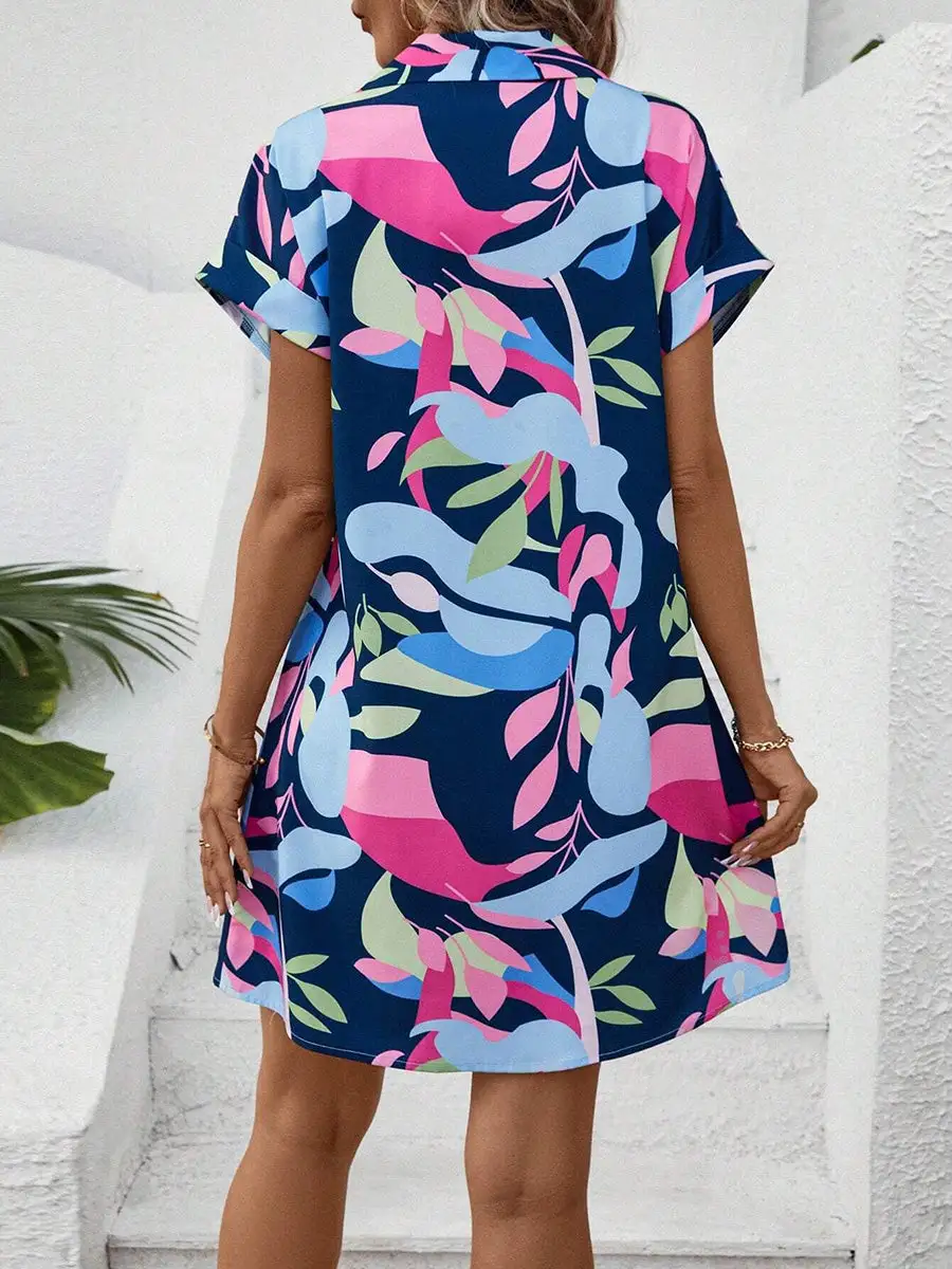 Short Sleeve Buttoned Contrast Color Printed Lapel Mini Dress Shirt Dress